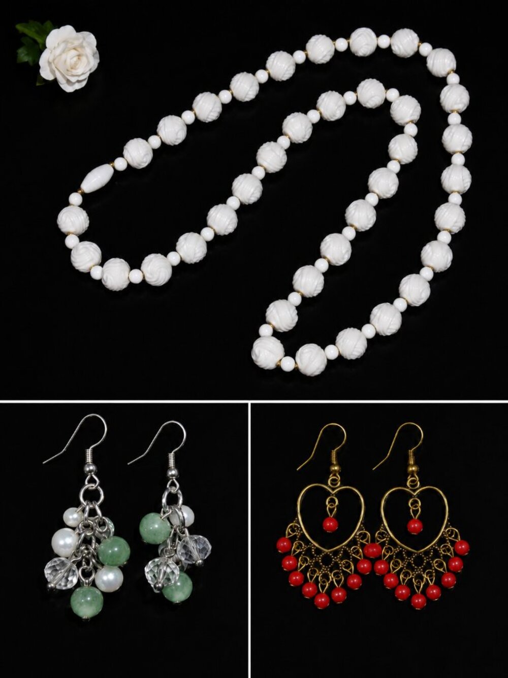 3-Piece Jewelry Bundle | Long White Beaded Necklace & 2 Dangle Earrings